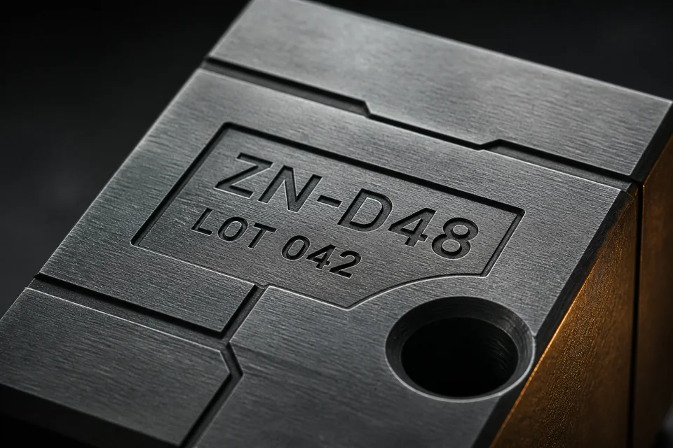 Stalowy element z wyraźnym głębokim grawerem numeru i partii